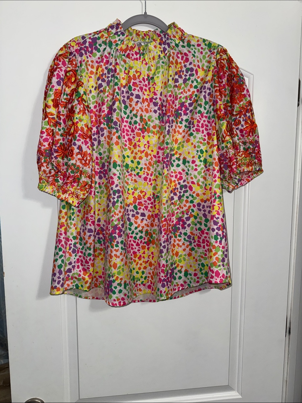 Chic Soul Multicolor Dot & Floral Puff-Sleeve Blouse